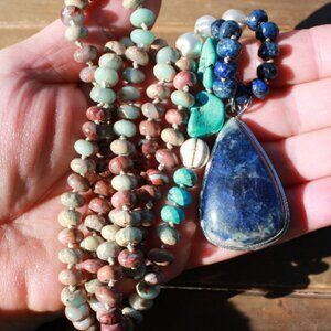 Long Hand Knot Mixed Gemstone Beaded Necklace with Big Sodalite Pendant